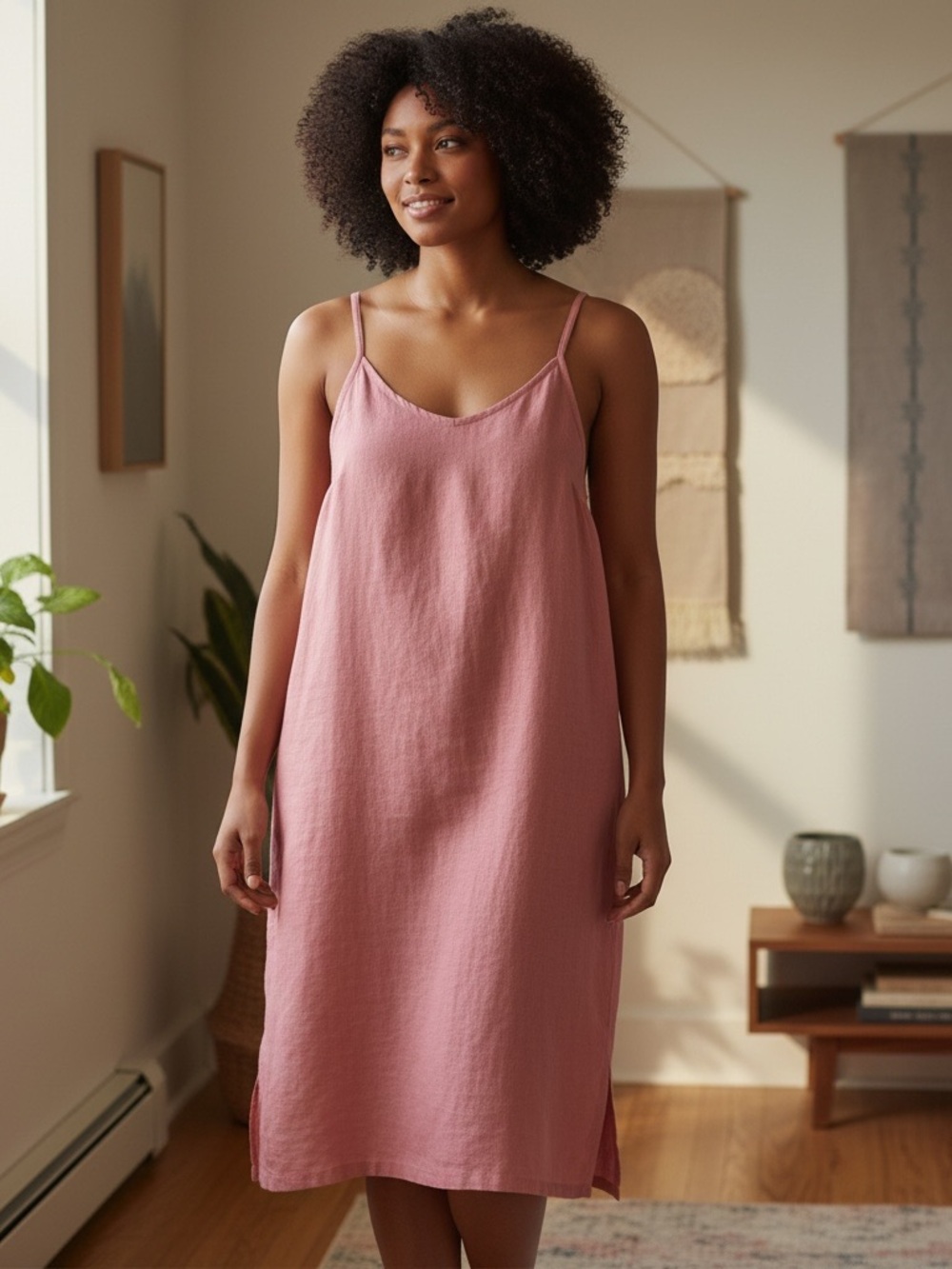 Bed Threads 100% Linen Midi Lounge Dress 3XL Pink Sundress Nightgown Lagenlook